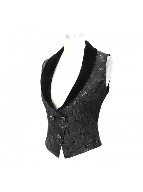 Black 3D Jacquard Low Collar Gothic Velvet Waistcoat