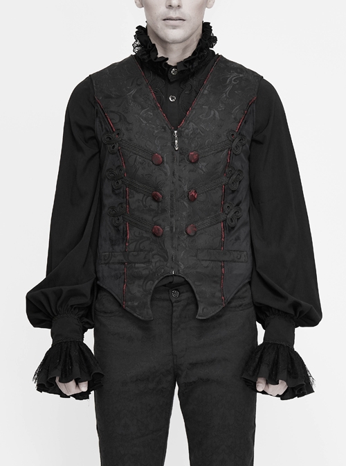 Black Dark Jacquard Chest Plate Buttons Back Lace-up Corner-Shaped Hem Gothic Waistcoat