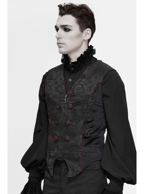 Black Dark Jacquard Chest Plate Buttons Back Lace-up Corner-Shaped Hem Gothic Waistcoat