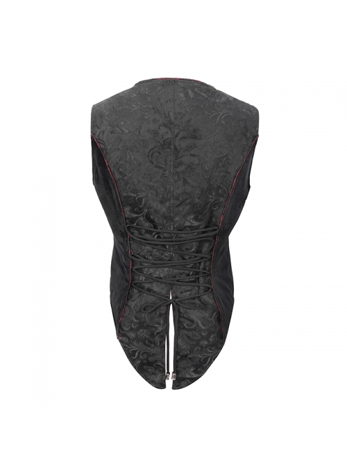 Black Dark Jacquard Chest Plate Buttons Back Lace-up Corner-Shaped Hem Gothic Waistcoat