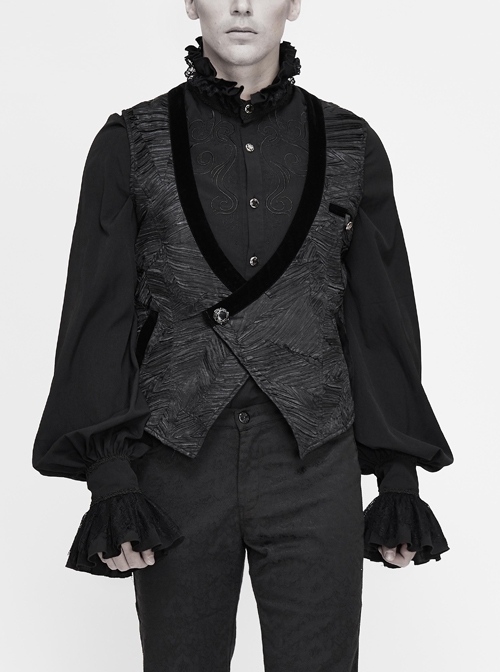 Black Asymmetrical Pleated Splice Velveteen Waist Loop Gothic Waistcoat