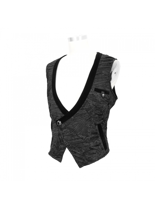 Black Asymmetrical Pleated Splice Velveteen Waist Loop Gothic Waistcoat