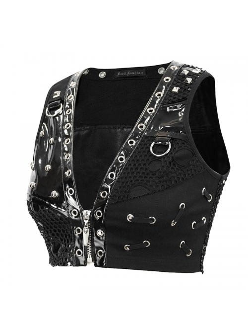 Black Leather Splice Mesh Asymmetrical Heavy Metal Decoration Short Punk Waistcoat