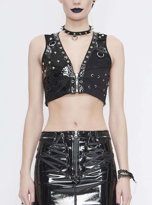 Black Leather Splice Mesh Asymmetrical Heavy Metal Decoration Short Punk Waistcoat