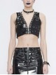 Black Leather Splice Mesh Asymmetrical Heavy Metal Decoration Short Punk Waistcoat
