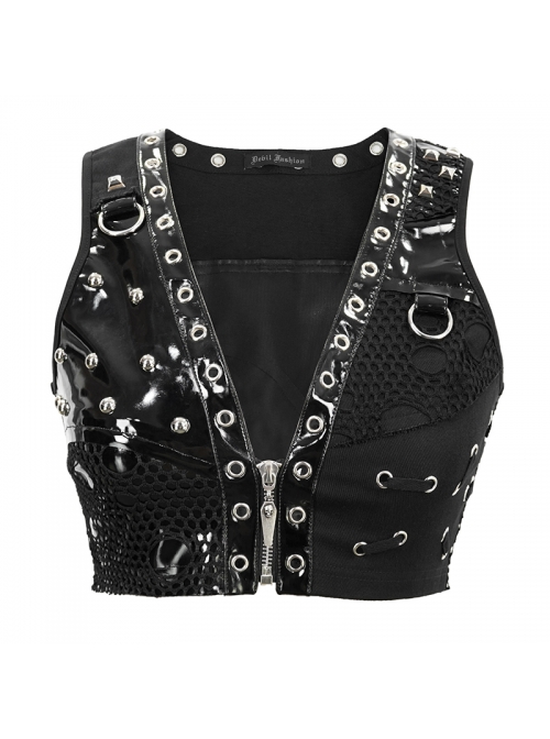 Black Leather Splice Mesh Asymmetrical Heavy Metal Decoration Short Punk Waistcoat