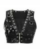 Black Leather Splice Mesh Asymmetrical Heavy Metal Decoration Short Punk Waistcoat