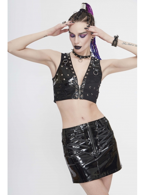 Black Leather Splice Mesh Asymmetrical Heavy Metal Decoration Short Punk Waistcoat
