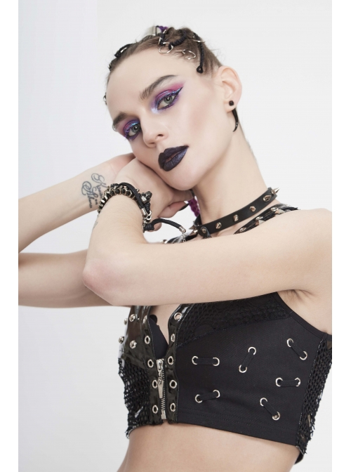 Black Leather Splice Mesh Asymmetrical Heavy Metal Decoration Short Punk Waistcoat