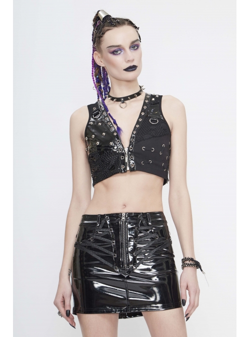 Black Leather Splice Mesh Asymmetrical Heavy Metal Decoration Short Punk Waistcoat