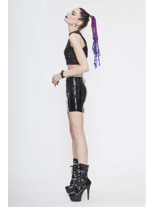 Black Leather Splice Mesh Asymmetrical Heavy Metal Decoration Short Punk Waistcoat