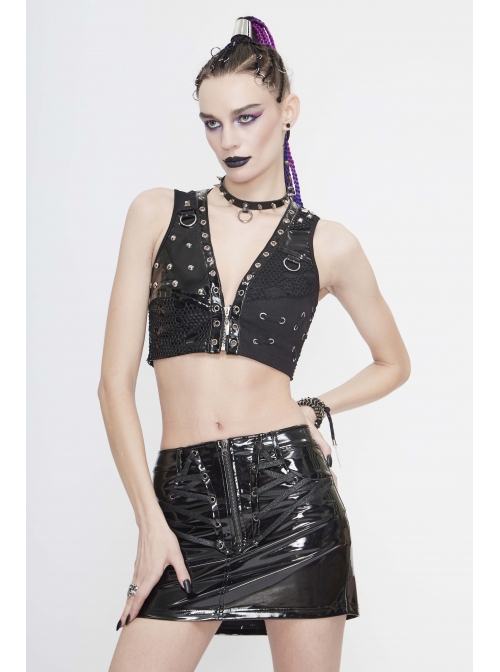 Black Leather Splice Mesh Asymmetrical Heavy Metal Decoration Short Punk Waistcoat