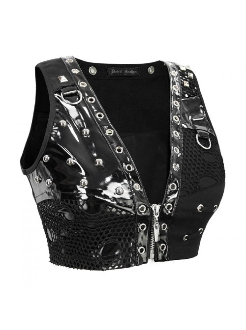 Black Leather Splice Mesh Asymmetrical Heavy Metal Decoration Short Punk Waistcoat