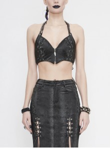 Snake Pattern Leather Wrapped Chest Chain Halter Back Lace-Up Black Punk Waistcoat