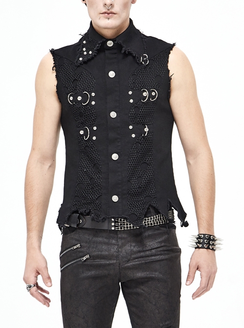 Black Worn Out Twill Mesh Heavy Metal Decoration Rough Selvedge Hem Punk Waistcoat