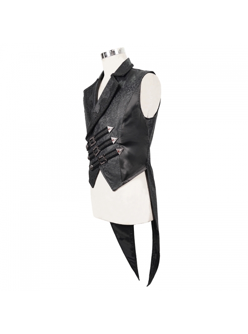 Black Leather Splice Bright Satin Woven Rows Of Flocked Belts Back Lace-Up Dovetail Hem Gothic Waistcoat