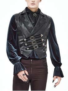 Black Leather Splice Bright Satin Woven Rows Of Flocked Belts Back Lace-Up Dovetail Hem Gothic Waistcoat