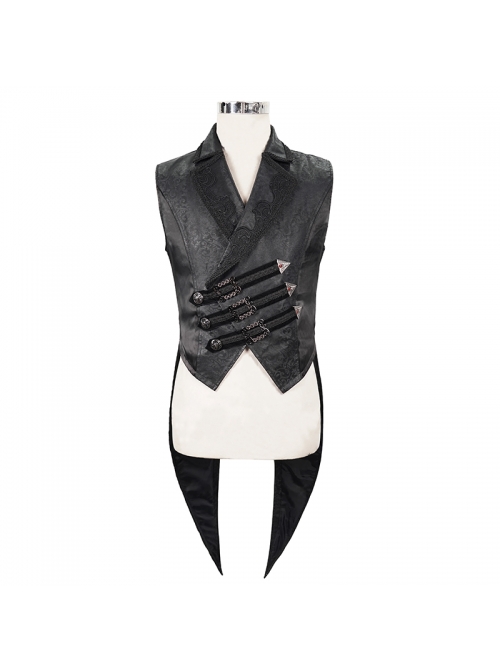 Black Leather Splice Bright Satin Woven Rows Of Flocked Belts Back Lace-Up Dovetail Hem Gothic Waistcoat
