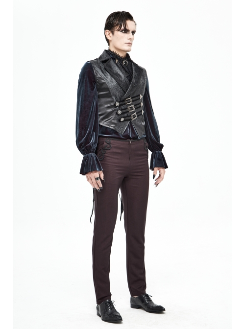 Black Leather Splice Bright Satin Woven Rows Of Flocked Belts Back Lace-Up Dovetail Hem Gothic Waistcoat