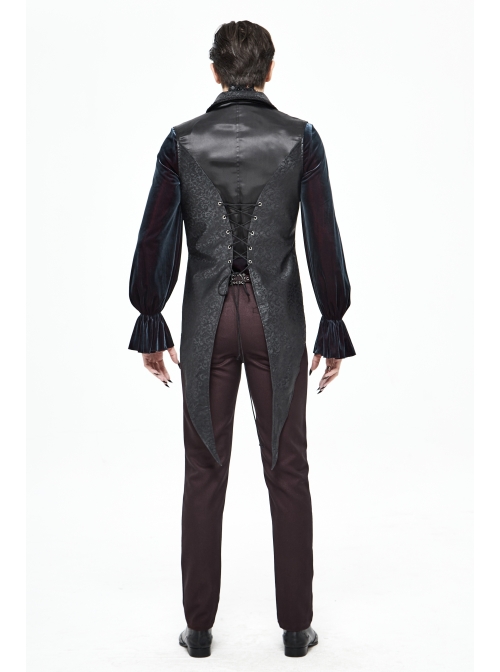 Black Leather Splice Bright Satin Woven Rows Of Flocked Belts Back Lace-Up Dovetail Hem Gothic Waistcoat