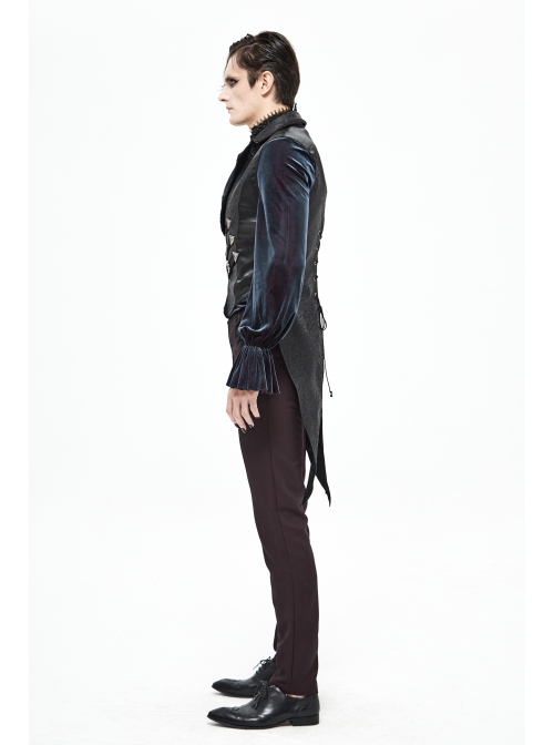 Black Leather Splice Bright Satin Woven Rows Of Flocked Belts Back Lace-Up Dovetail Hem Gothic Waistcoat