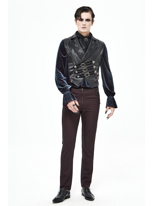 Black Leather Splice Bright Satin Woven Rows Of Flocked Belts Back Lace-Up Dovetail Hem Gothic Waistcoat
