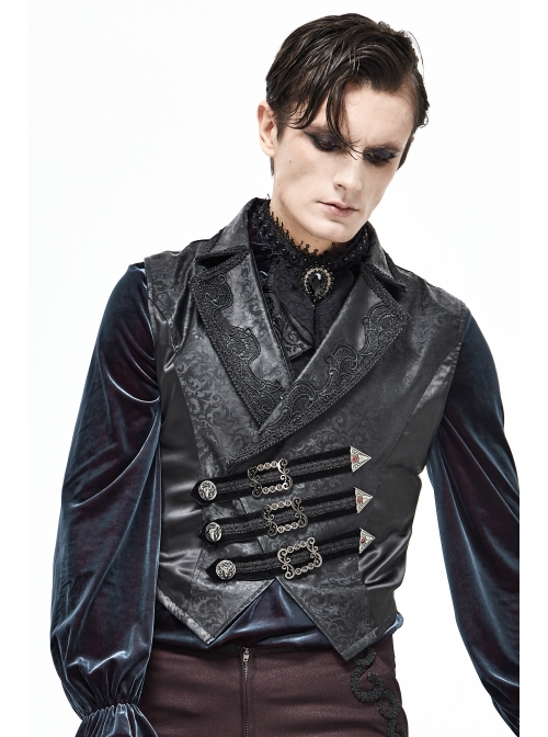 Black Leather Splice Bright Satin Woven Rows Of Flocked Belts Back Lace-Up Dovetail Hem Gothic Waistcoat
