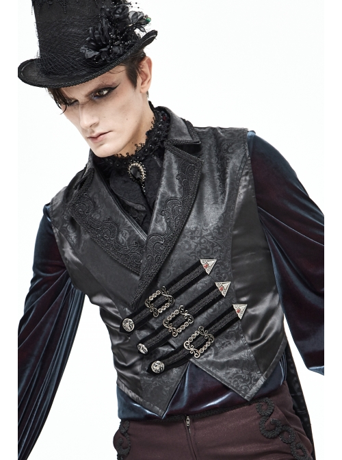 Black Leather Splice Bright Satin Woven Rows Of Flocked Belts Back Lace-Up Dovetail Hem Gothic Waistcoat