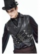 Black Leather Splice Bright Satin Woven Rows Of Flocked Belts Back Lace-Up Dovetail Hem Gothic Waistcoat