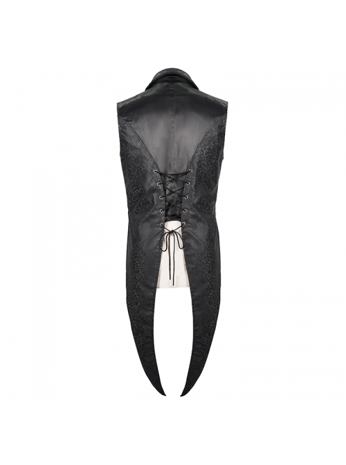 Black Leather Splice Bright Satin Woven Rows Of Flocked Belts Back Lace-Up Dovetail Hem Gothic Waistcoat