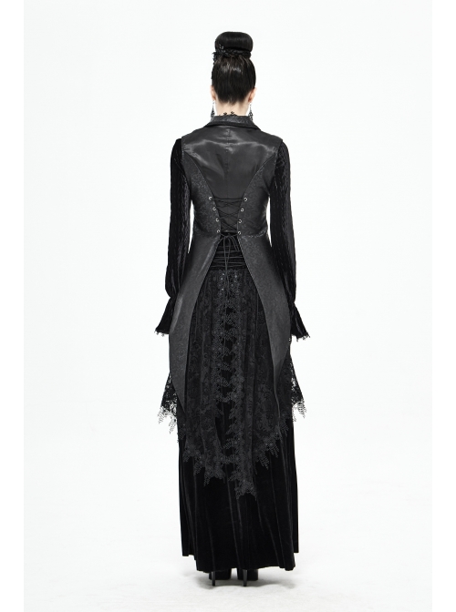 Black Leather Splice Bright Satin Woven Rows Of Flocked Belts Back Lace-Up Dovetail Hem Gothic Waistcoat