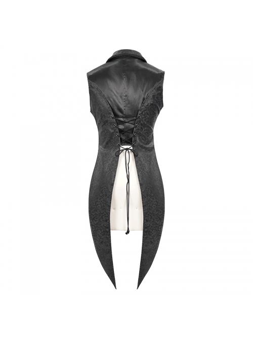 Black Leather Splice Bright Satin Woven Rows Of Flocked Belts Back Lace-Up Dovetail Hem Gothic Waistcoat