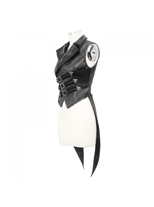 Black Leather Splice Bright Satin Woven Rows Of Flocked Belts Back Lace-Up Dovetail Hem Gothic Waistcoat