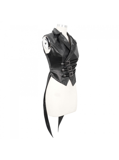 Black Leather Splice Bright Satin Woven Rows Of Flocked Belts Back Lace-Up Dovetail Hem Gothic Waistcoat