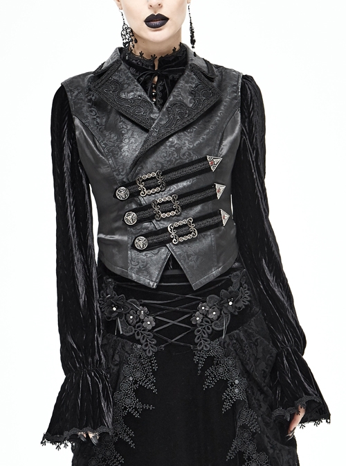 Black Leather Splice Bright Satin Woven Rows Of Flocked Belts Back Lace-Up Dovetail Hem Gothic Waistcoat