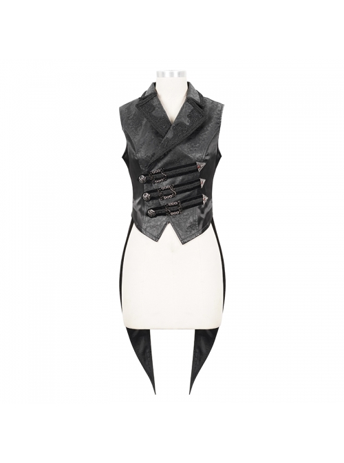 Black Leather Splice Bright Satin Woven Rows Of Flocked Belts Back Lace-Up Dovetail Hem Gothic Waistcoat