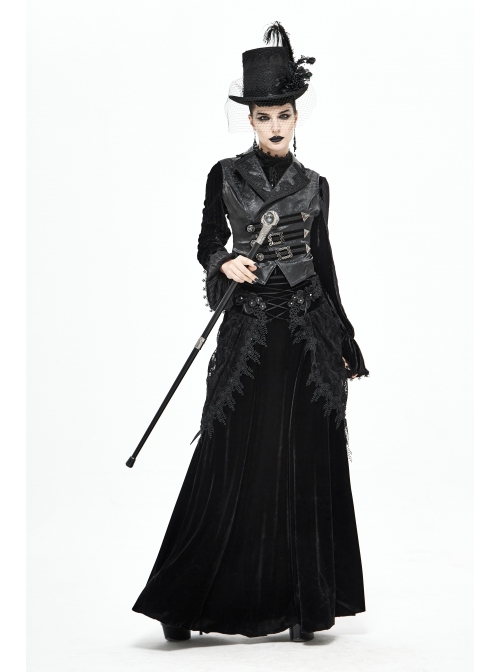 Black Leather Splice Bright Satin Woven Rows Of Flocked Belts Back Lace-Up Dovetail Hem Gothic Waistcoat