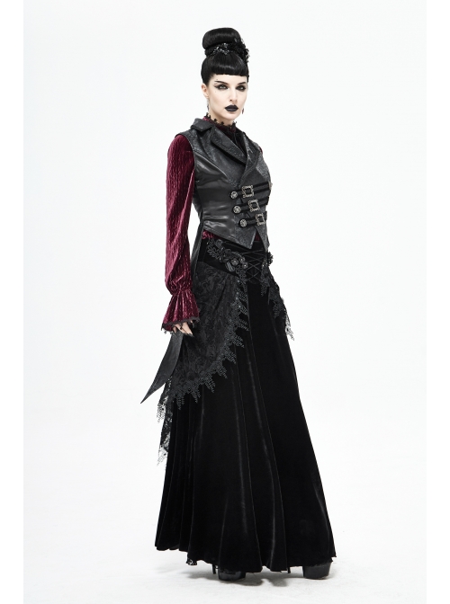 Black Leather Splice Bright Satin Woven Rows Of Flocked Belts Back Lace-Up Dovetail Hem Gothic Waistcoat