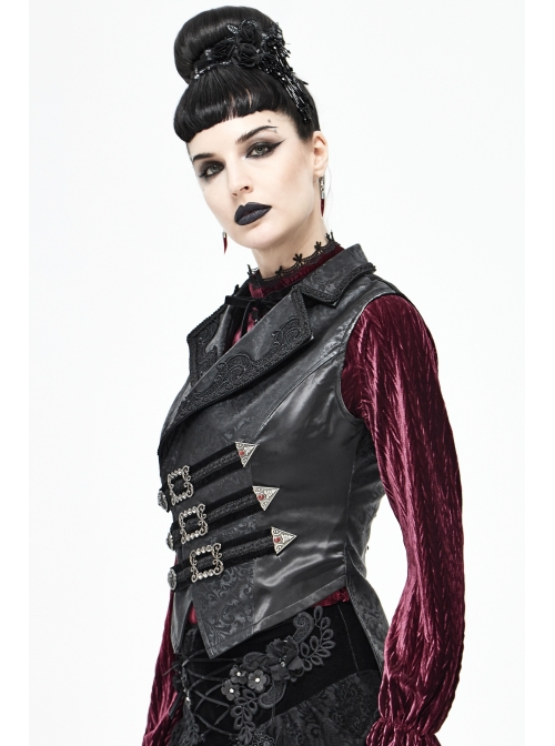 Black Leather Splice Bright Satin Woven Rows Of Flocked Belts Back Lace-Up Dovetail Hem Gothic Waistcoat
