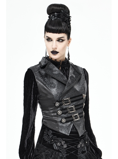 Black Leather Splice Bright Satin Woven Rows Of Flocked Belts Back Lace-Up Dovetail Hem Gothic Waistcoat