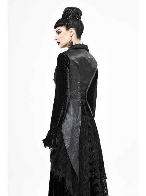 Black Leather Splice Bright Satin Woven Rows Of Flocked Belts Back Lace-Up Dovetail Hem Gothic Waistcoat