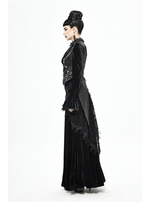 Black Leather Splice Bright Satin Woven Rows Of Flocked Belts Back Lace-Up Dovetail Hem Gothic Waistcoat