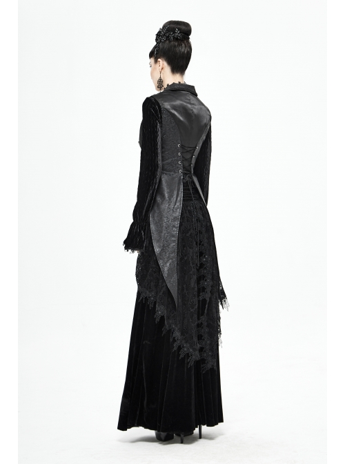 Black Leather Splice Bright Satin Woven Rows Of Flocked Belts Back Lace-Up Dovetail Hem Gothic Waistcoat