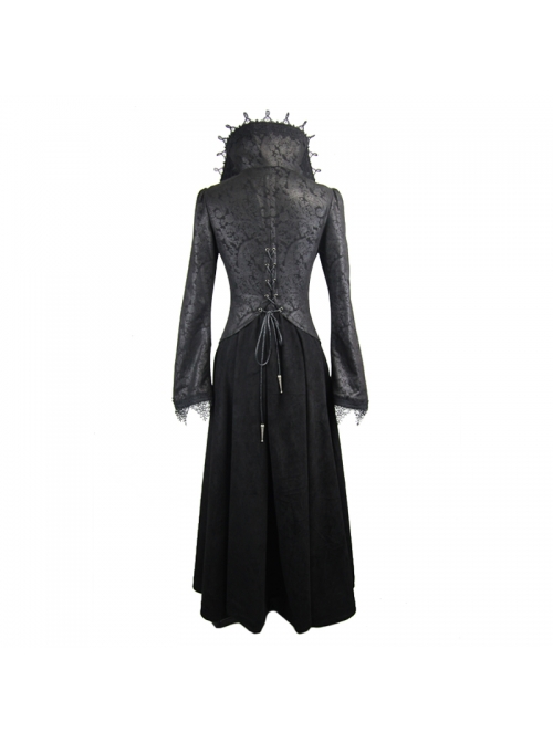 Gothic Big Standing Collar Lace Horn Sleeve Cuff Black Floral Dark Patterned Embroidered Suede Women Dress Coat
