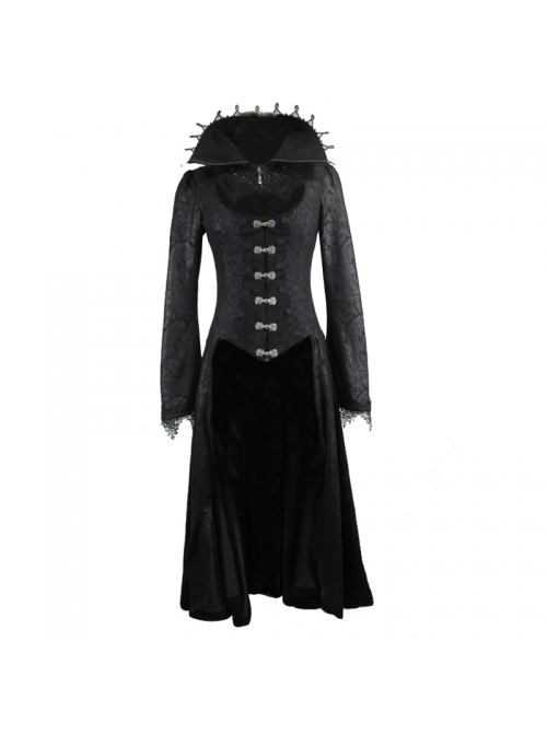 Gothic Big Standing Collar Lace Horn Sleeve Cuff Black Floral Dark Patterned Embroidered Suede Women Dress Coat