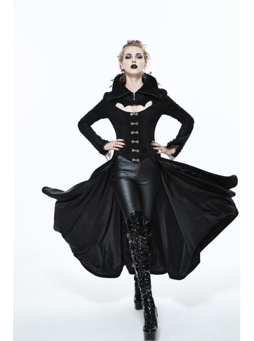 Gothic Big Standing Collar Lace Horn Sleeve Cuff Black Floral Dark Patterned Embroidered Suede Women Dress Coat