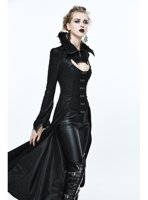 Gothic Big Standing Collar Lace Horn Sleeve Cuff Black Floral Dark Patterned Embroidered Suede Women Dress Coat