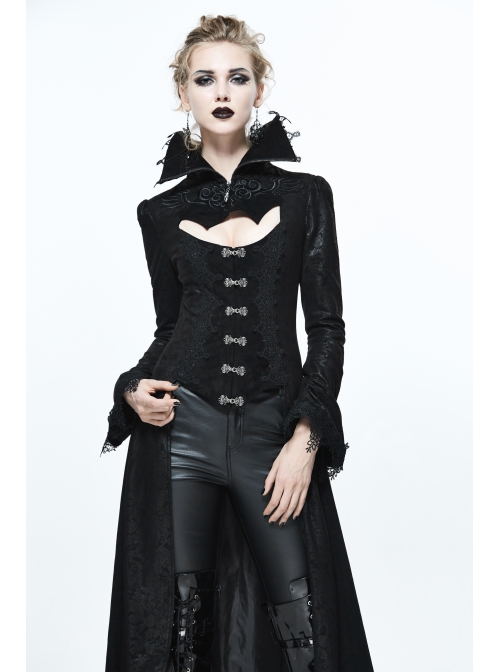 Gothic Big Standing Collar Lace Horn Sleeve Cuff Black Floral Dark Patterned Embroidered Suede Women Dress Coat