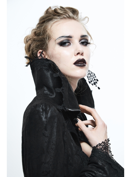 Gothic Big Standing Collar Lace Horn Sleeve Cuff Black Floral Dark Patterned Embroidered Suede Women Dress Coat