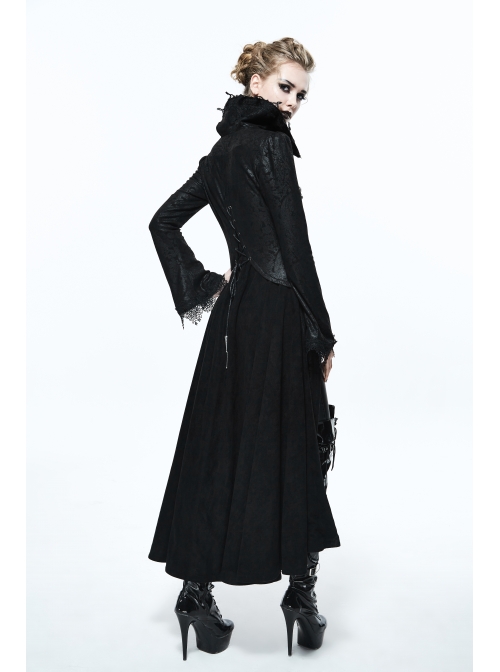 Gothic Big Standing Collar Lace Horn Sleeve Cuff Black Floral Dark Patterned Embroidered Suede Women Dress Coat